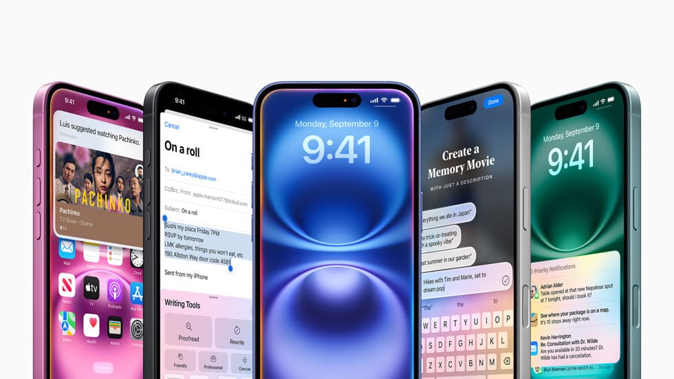 Apple Intelligence user interface showcasing Writing Tools and Siri on-screen context on iPhone 16