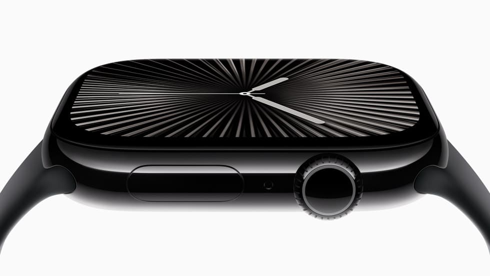 Apple Watch Series 10 showcasing wide-angle OLED screen next to redesigned AirPods 4 earbuds