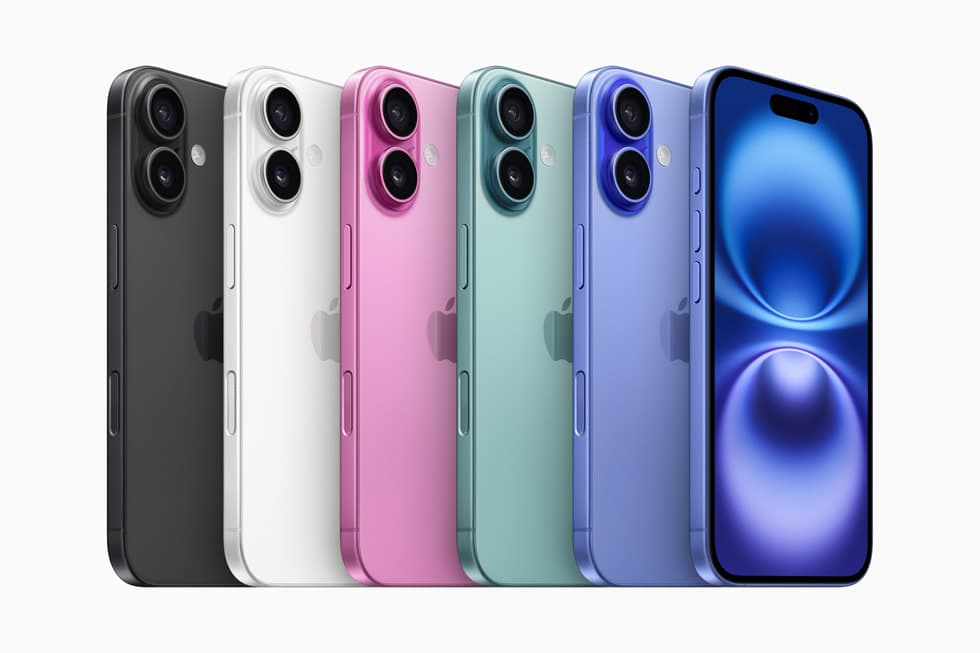 iPhone 16 and iPhone 16 Plus showing vibrant Ultramarine, Teal, Pink, White, and Black colors