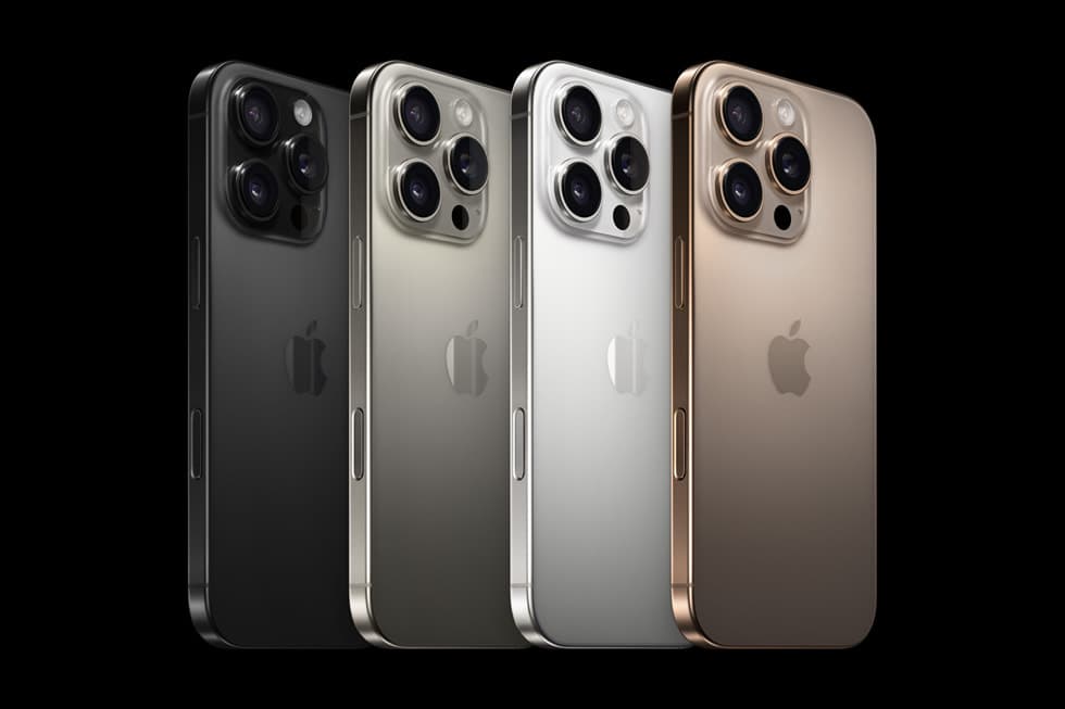 iPhone 16 Pro and iPhone 16 Pro Max in Desert Titanium, Natural Titanium, White Titanium, and Black Titanium
