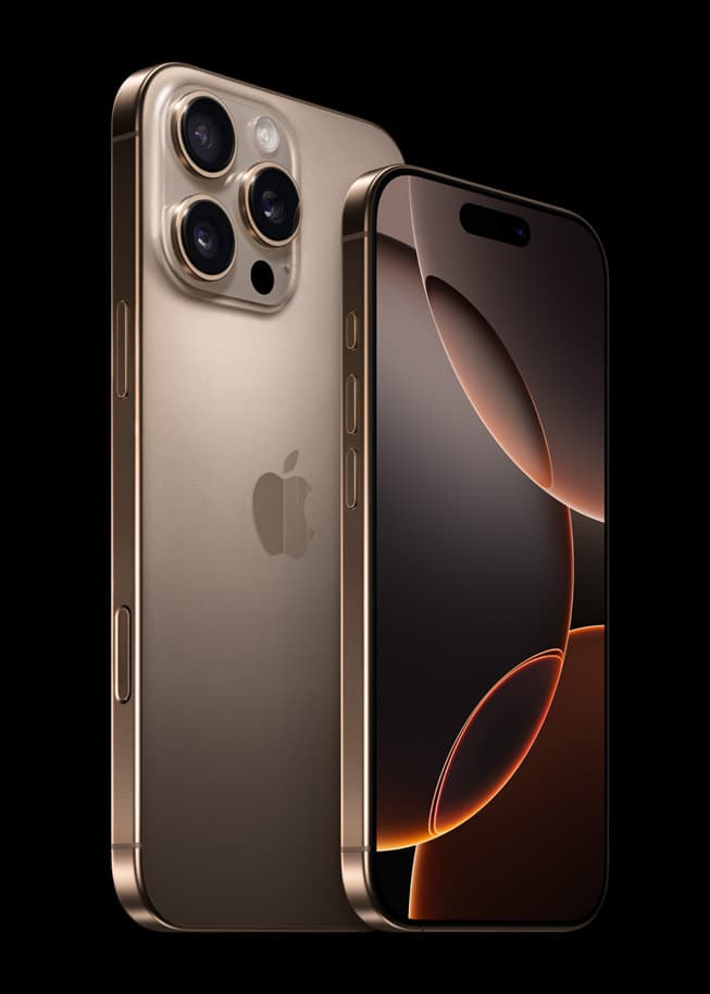 iPhone 16 and iPhone 16 Pro side-by-side comparison showing design, titanium chassis, and camera lenses
