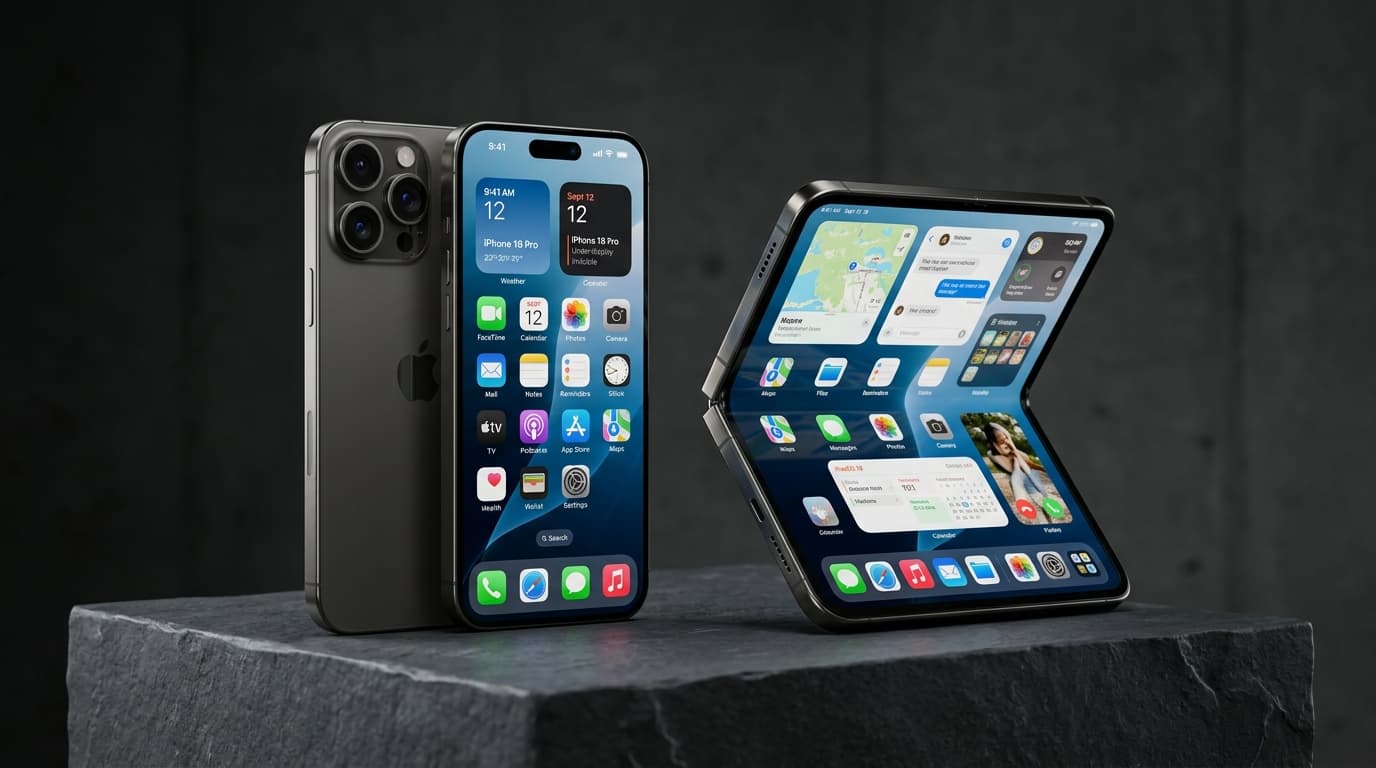 Apple iPhone 18 Pro and iPhone Fold Duo showing dark titanium chassis, creaseless inner folding display, and under-display camera